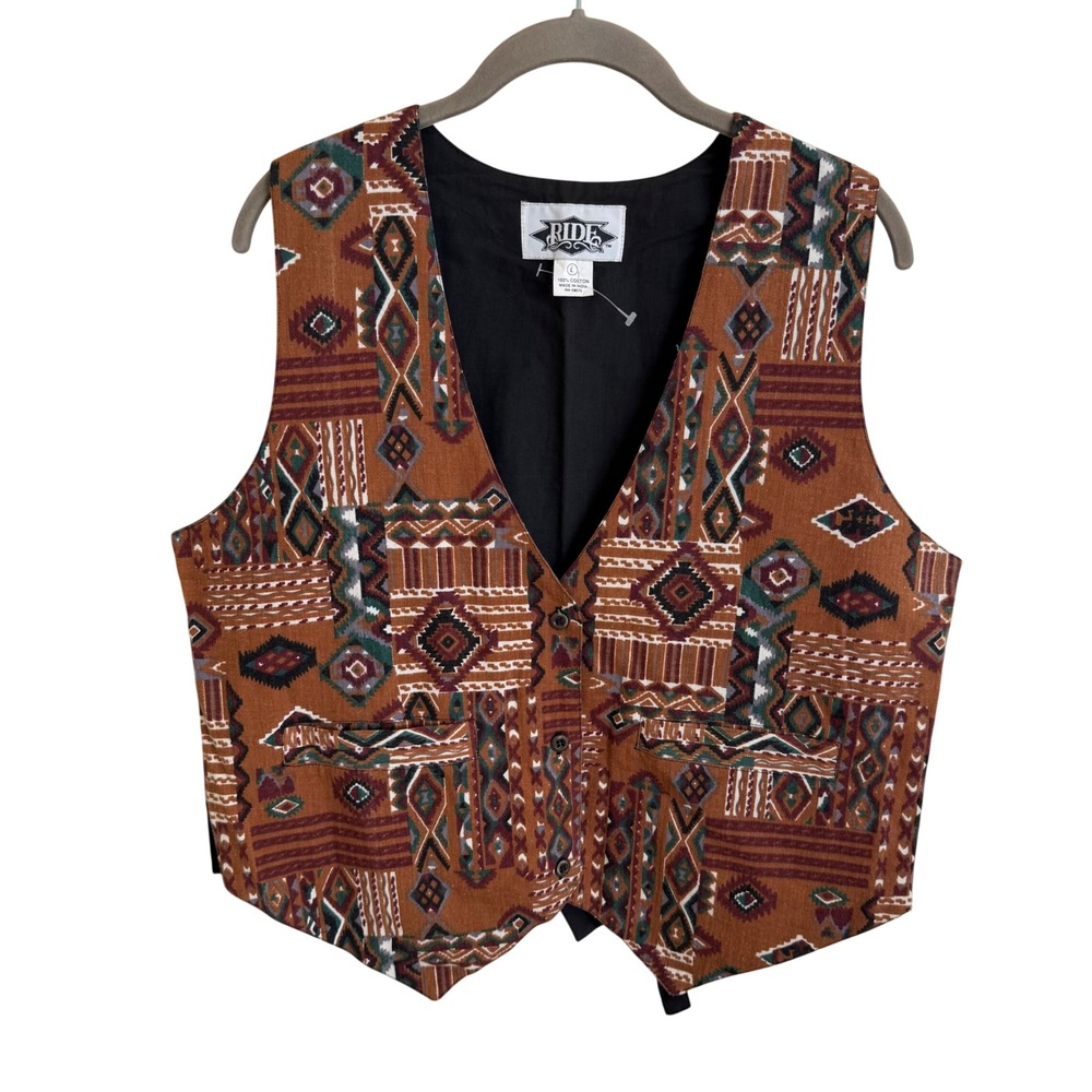 Vintage 90s Ride Mens Large Southwestern Tapestry Cotton Button Front Vest Rodeo